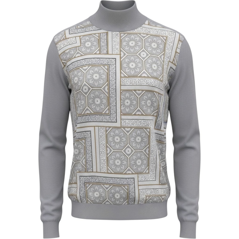 Ann Taylor Grey Geometric Tile Print Mock Neck Knit Sweater Large L Long Sleeve